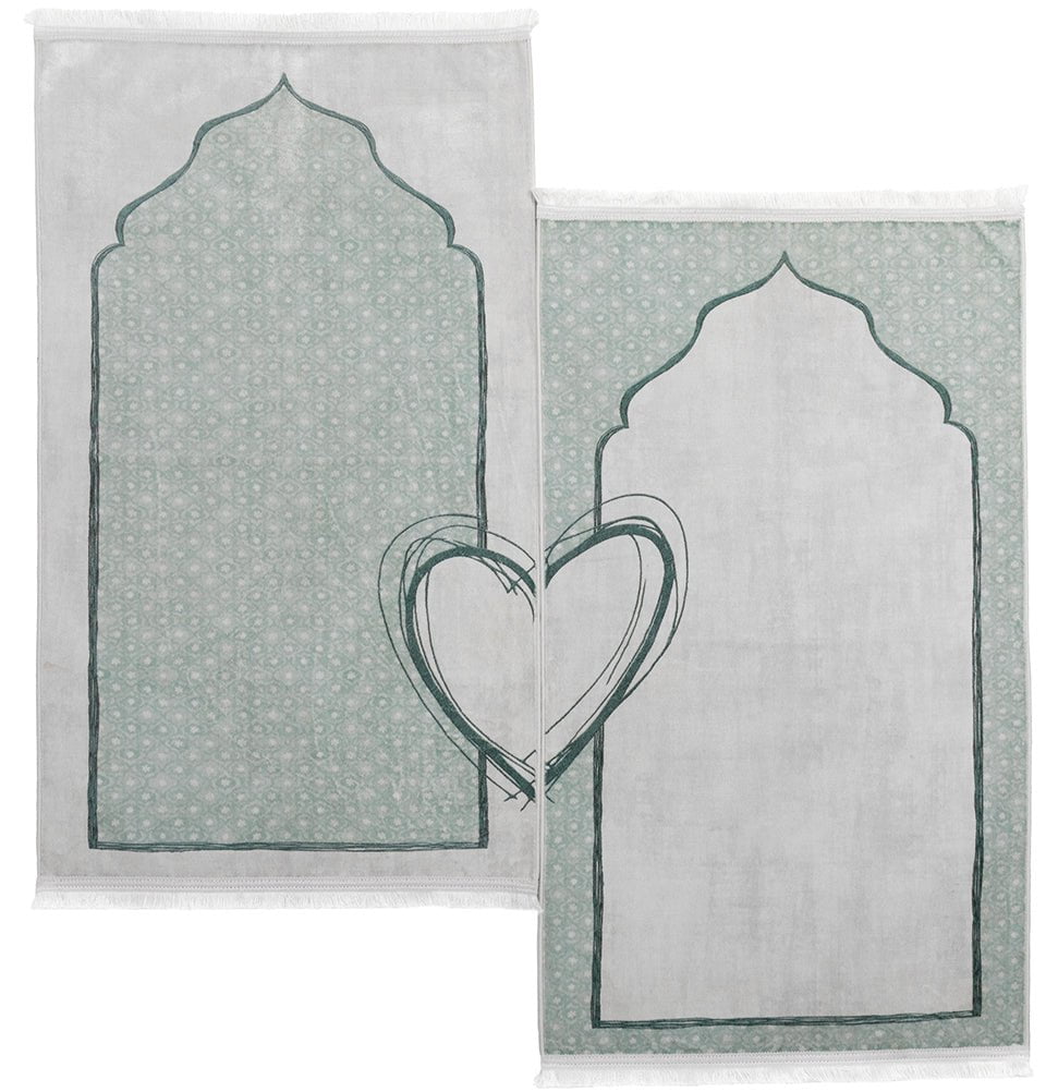 Couple's Sweetheart Velvet Islamic Prayer Rug Set - Pearly Green