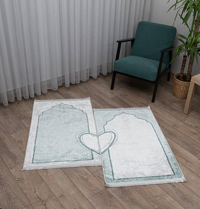 Modefa Prayer Rug Couple's Sweetheart Velvet Islamic Prayer Rug Set - Pearly Green