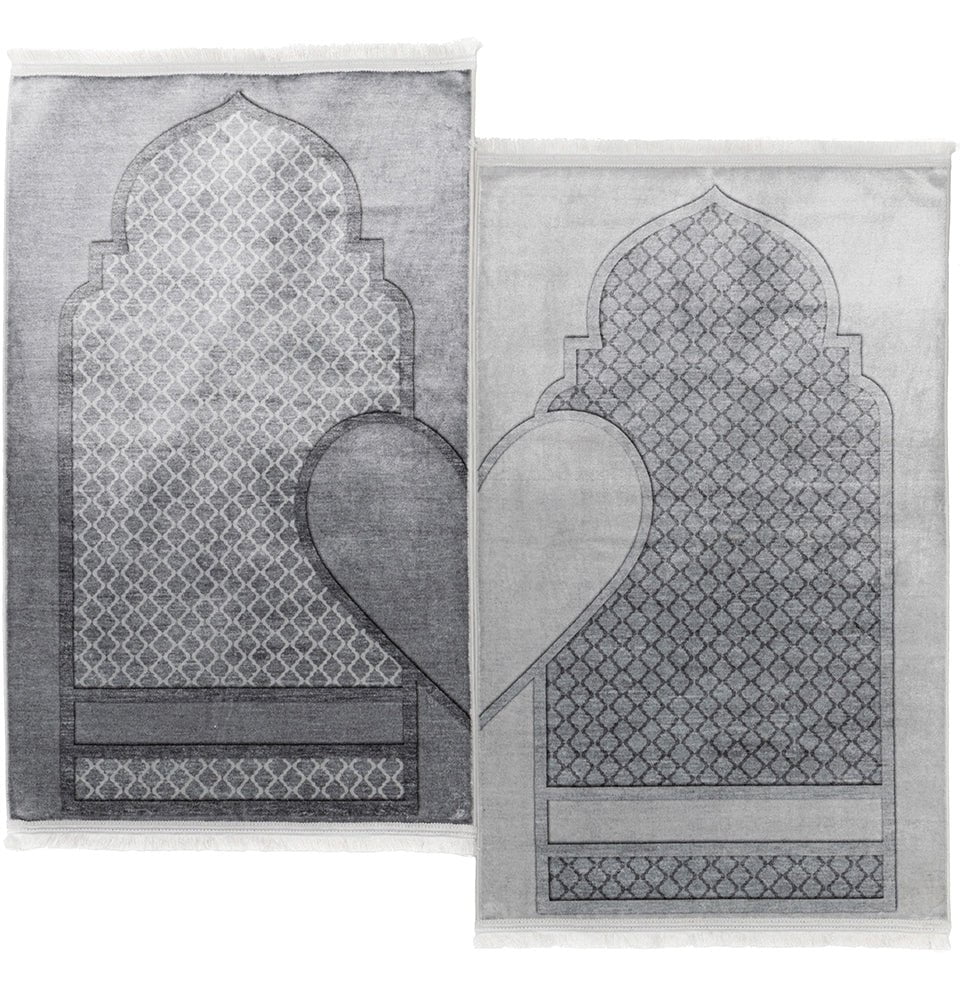 Couple’s Sweetheart Velvet Islamic Prayer Rug Set - Silvery Grey
