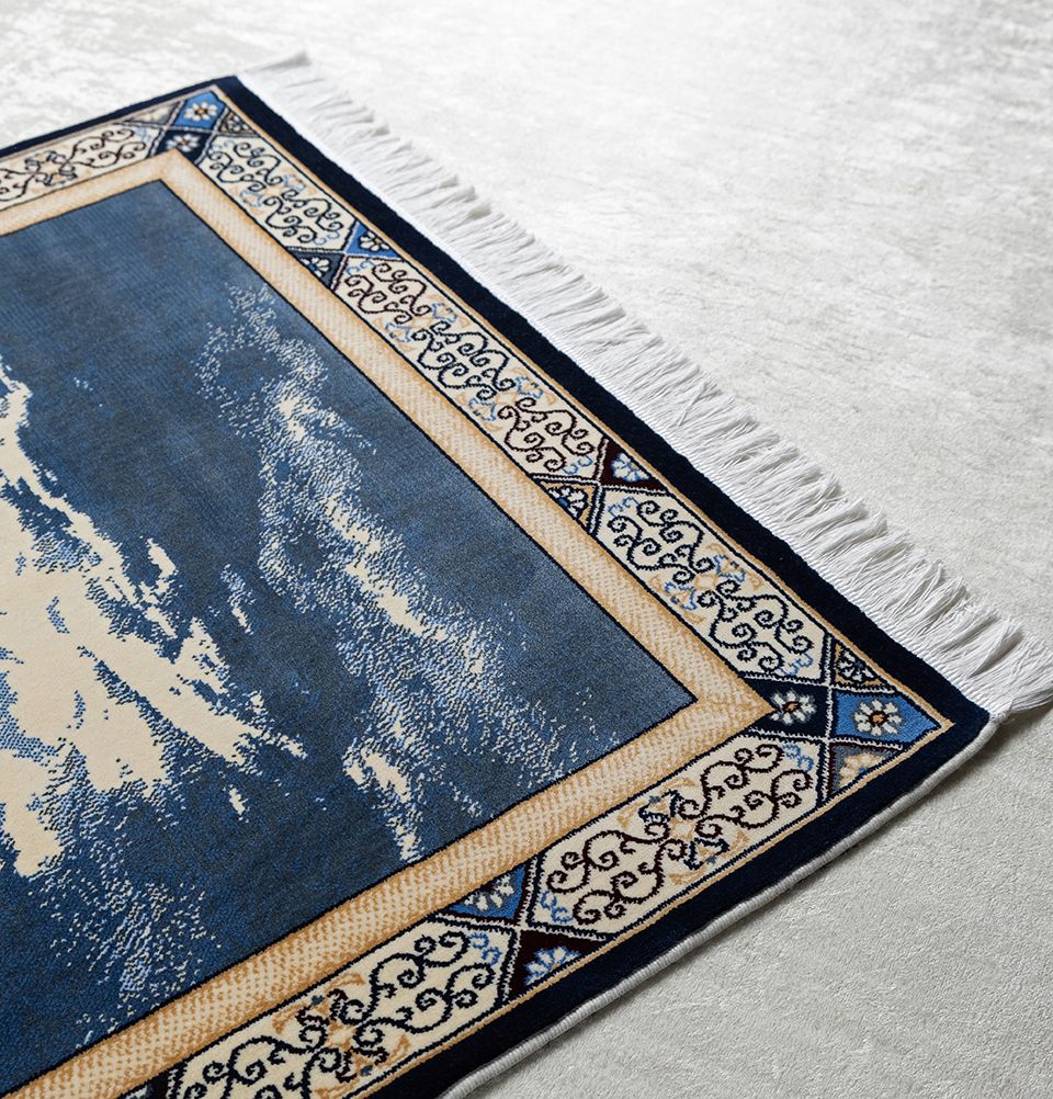 Erguvan Luxury Kilim Velvet Carpet Islamic Prayer Rug - Aqsa Dark Blue