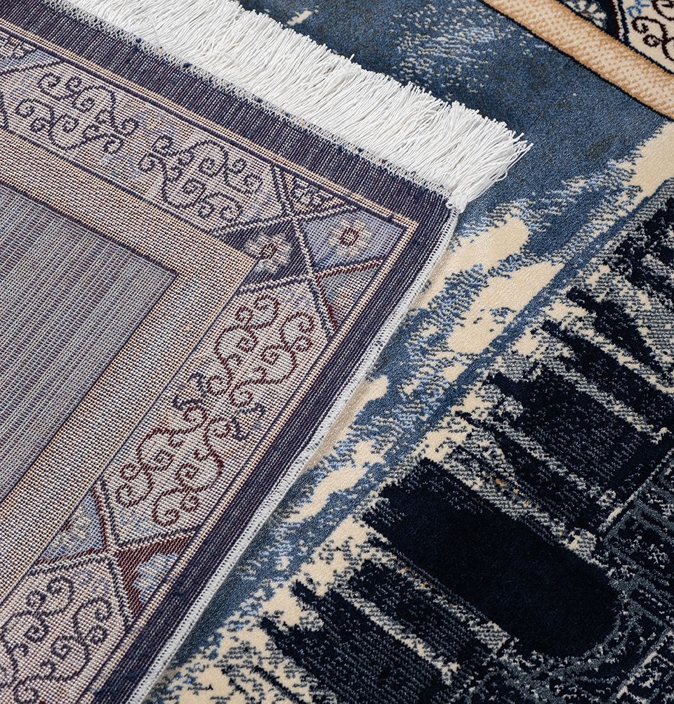 Modefa Prayer Rug Dark Blue Erguvan Luxury Kilim Velvet Carpet Islamic Prayer Rug - Aqsa Dark Blue
