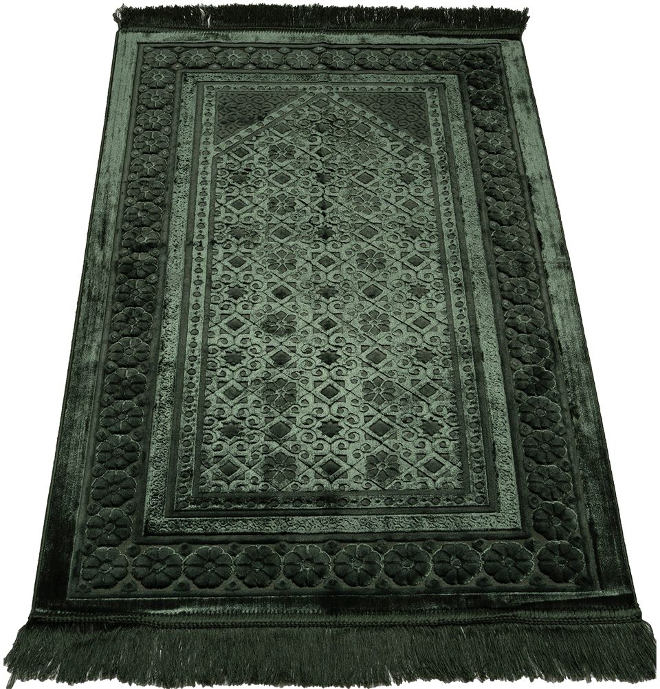 Modefa Prayer Rug Dark Green Luxury Velvet Islamic Prayer Rug Floral Stamp Dark Green