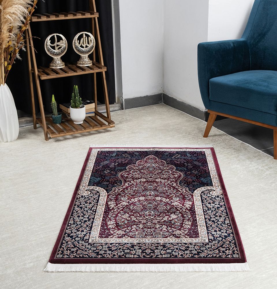 Modefa Prayer Rug Dark Maroon Lale Luxury Velvet Carpet Islamic Prayer Rug - Dark Maroon