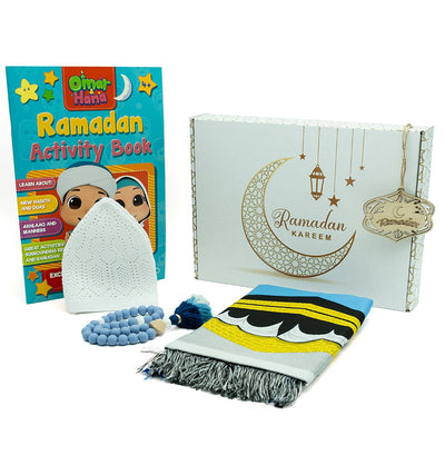 Modefa Prayer Rug Deluxe with Book Kids Ramadan Gift Box Set with Prayer Mat - Blue