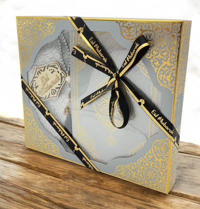 Modefa Prayer Rug Eid Saeed Quran Gift Box Set - Prayer Mat, Quran & Tasbih - Grey