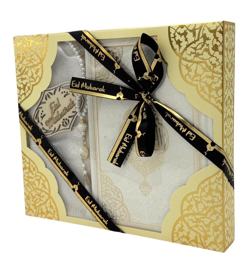 Modefa Prayer Rug Eid Saeed Quran Gift Box Set - Prayer Mat, Quran & Tasbih - White