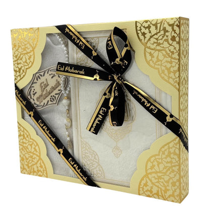 Modefa Prayer Rug Eid Saeed Quran Gift Box Set - Prayer Mat, Quran & Tasbih - White