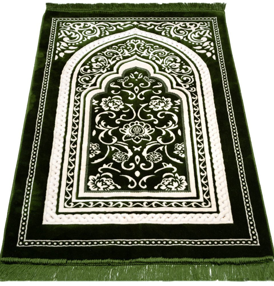 Double Plush Wide Islamic Prayer Rug - Floral Arch Green