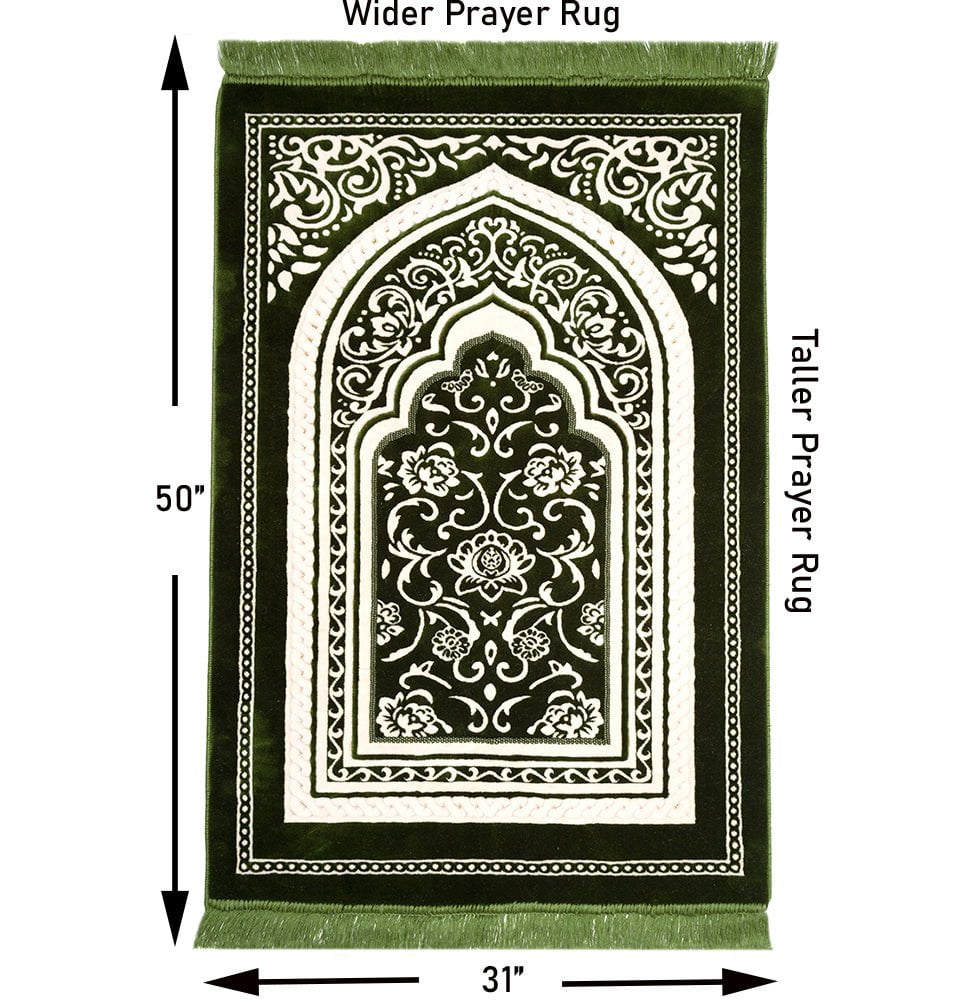 Double Plush Wide Islamic Prayer Rug - Floral Arch Green
