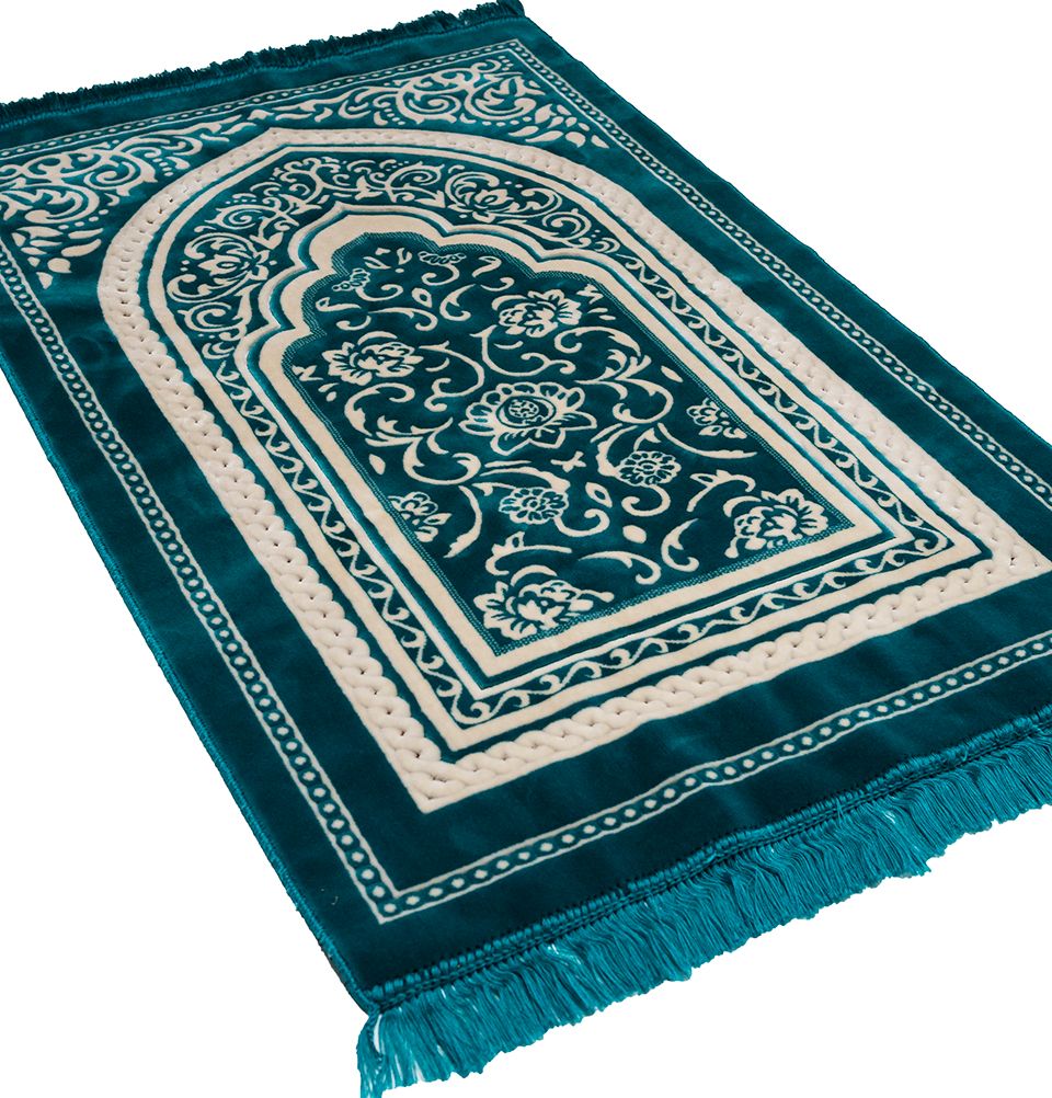 Double Plush Wide Islamic Prayer Rug - Floral Arch Teal