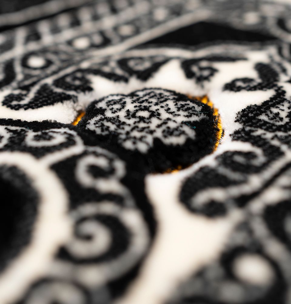 Double Plush Wide Islamic Prayer Rug - Floral Mihrab Black