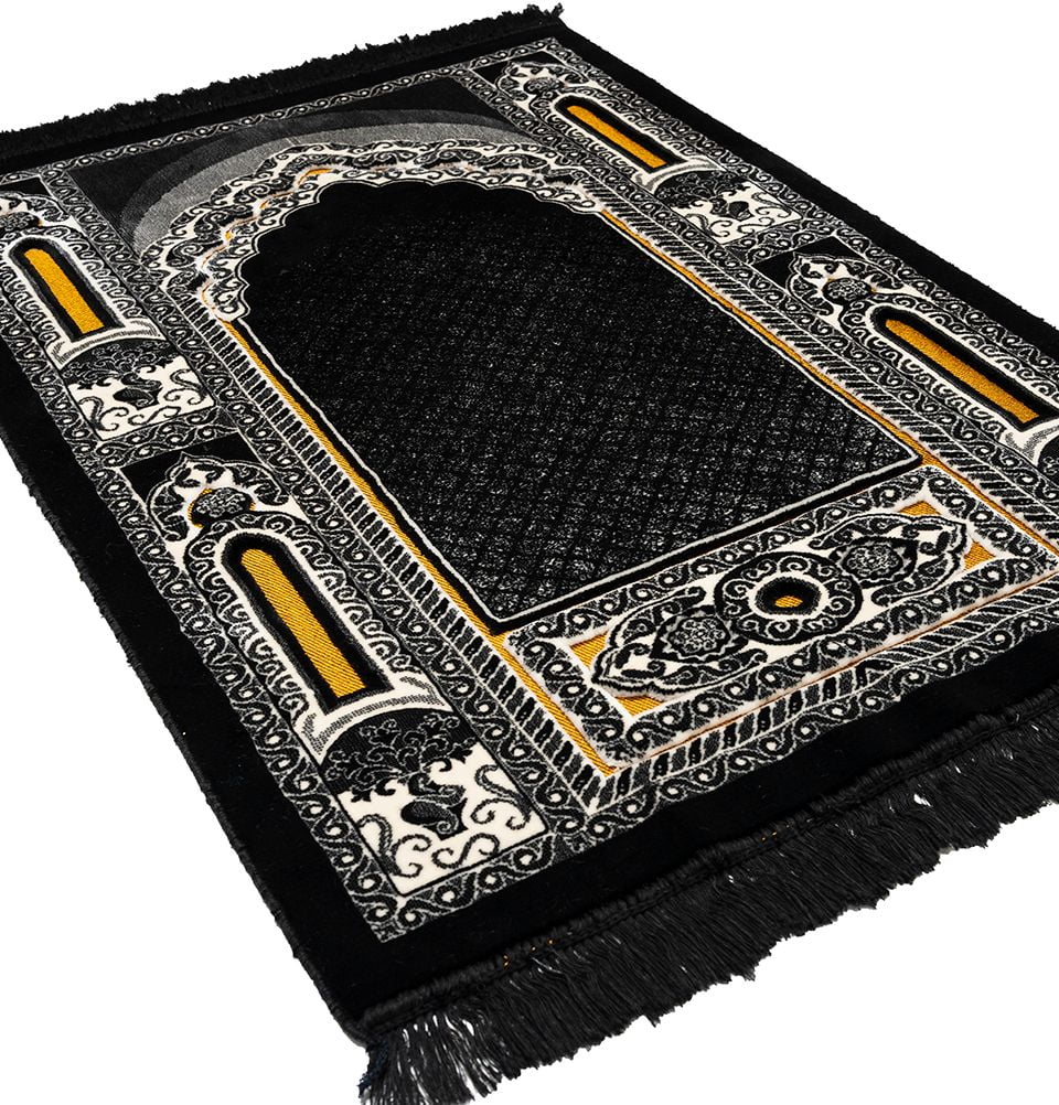 Double Plush Wide Islamic Prayer Rug - Floral Mihrab Black