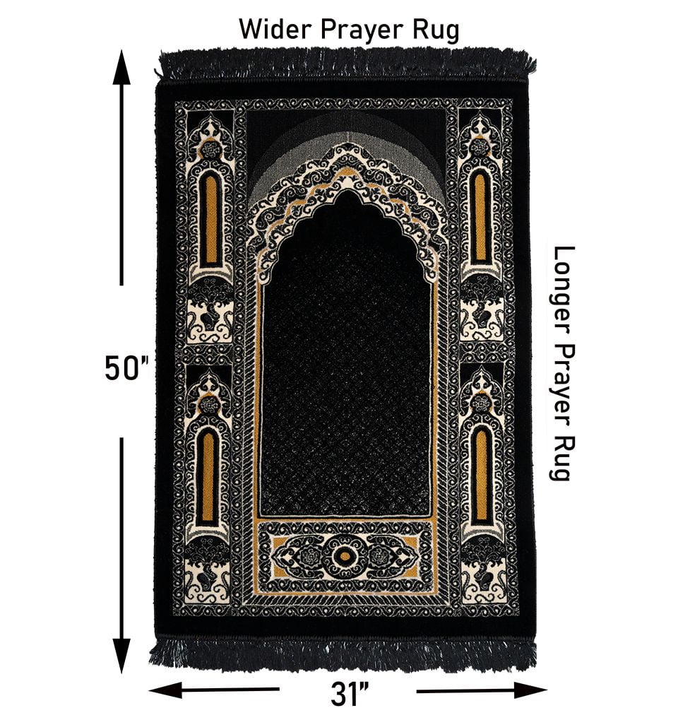 FAITH ラメラーモード ×2 Double Plush Wide Islamic Prayer Rug - Floral Mihrab Black