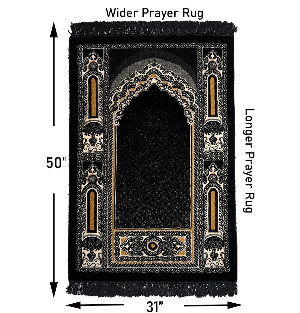 Modefa Prayer Rug Floral Mihrab Black #2 Double Plush Wide Islamic Prayer Rug - Floral Mihrab Black #2