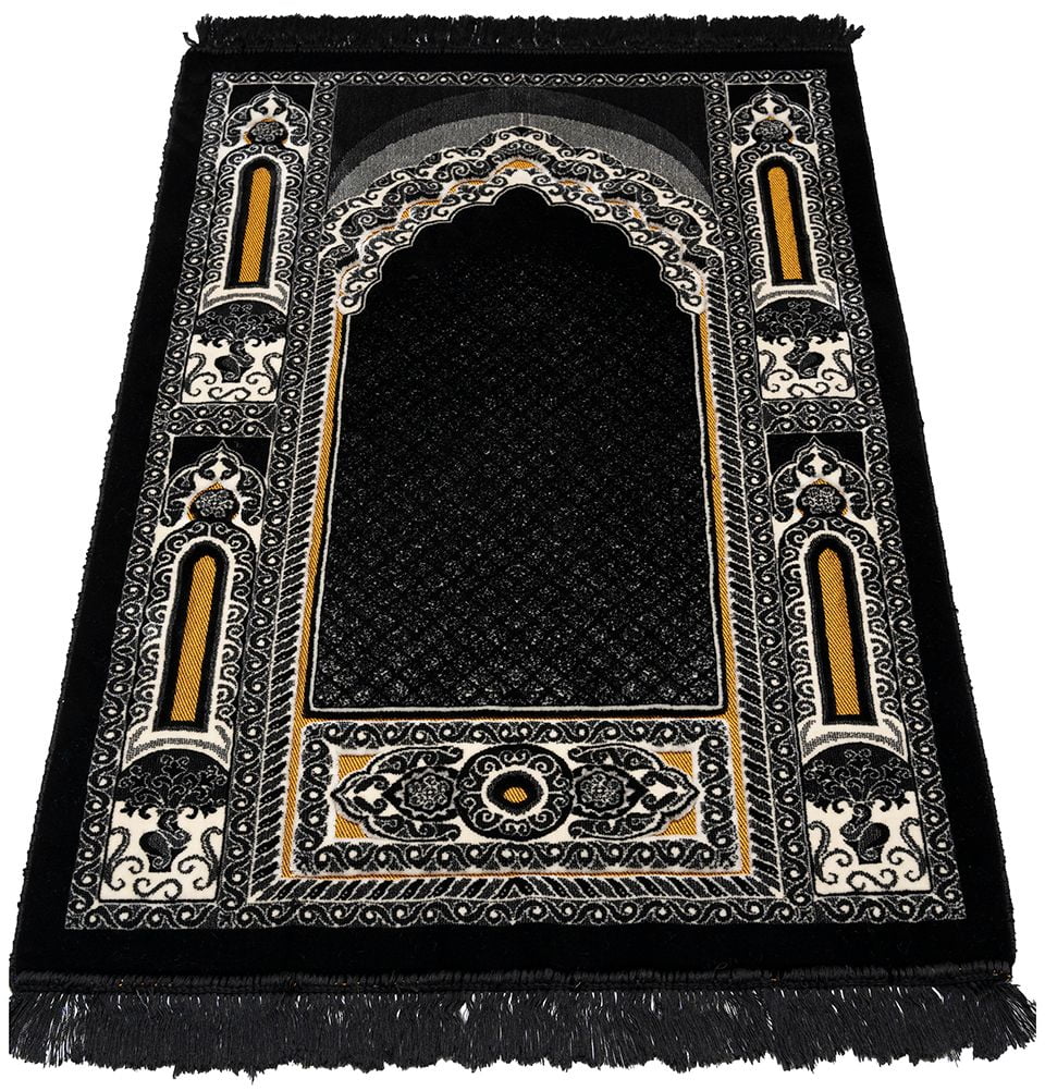 Modefa Prayer Rug Floral Mihrab Black #2 Double Plush Wide Islamic Prayer Rug - Floral Mihrab Black #2