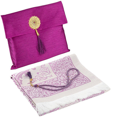 Modefa Prayer Rug Fuchsia Islamic Gift Set - Prayer Mat & Tesbih in Taffeta Gift Bag - Fuchsia