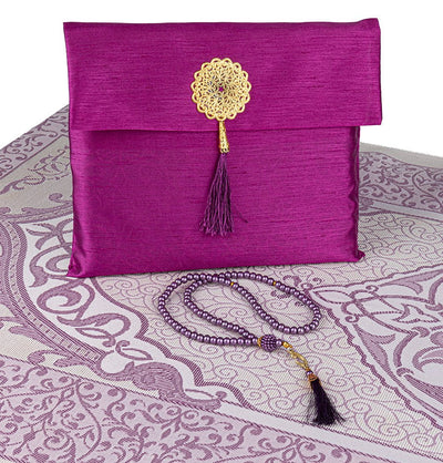 Modefa Prayer Rug Fuchsia Islamic Gift Set - Prayer Mat & Tesbih in Taffeta Gift Bag - Fuchsia
