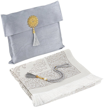 Modefa Prayer Rug Gray Islamic Gift Set - Prayer Mat & Tesbih in Taffeta Gift Bag - Gray