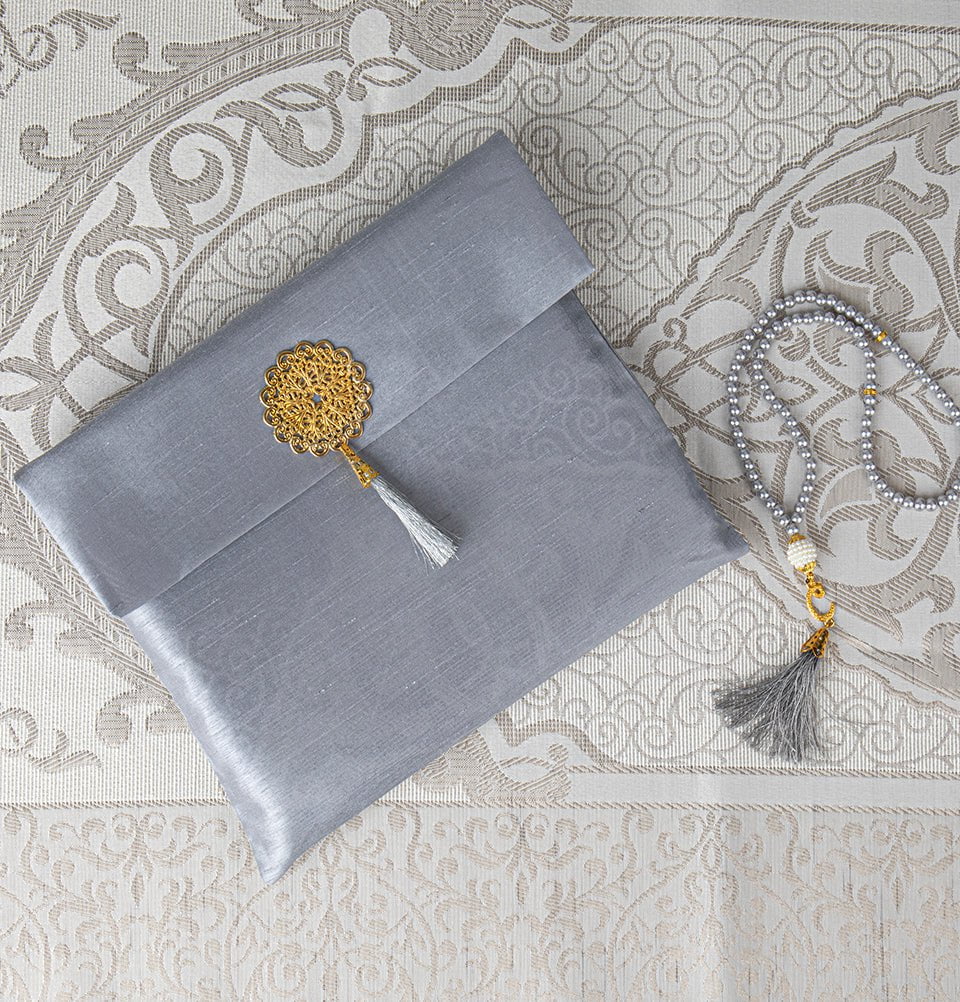 Modefa Prayer Rug Gray Islamic Gift Set - Prayer Mat & Tesbih in Taffeta Gift Bag - Gray