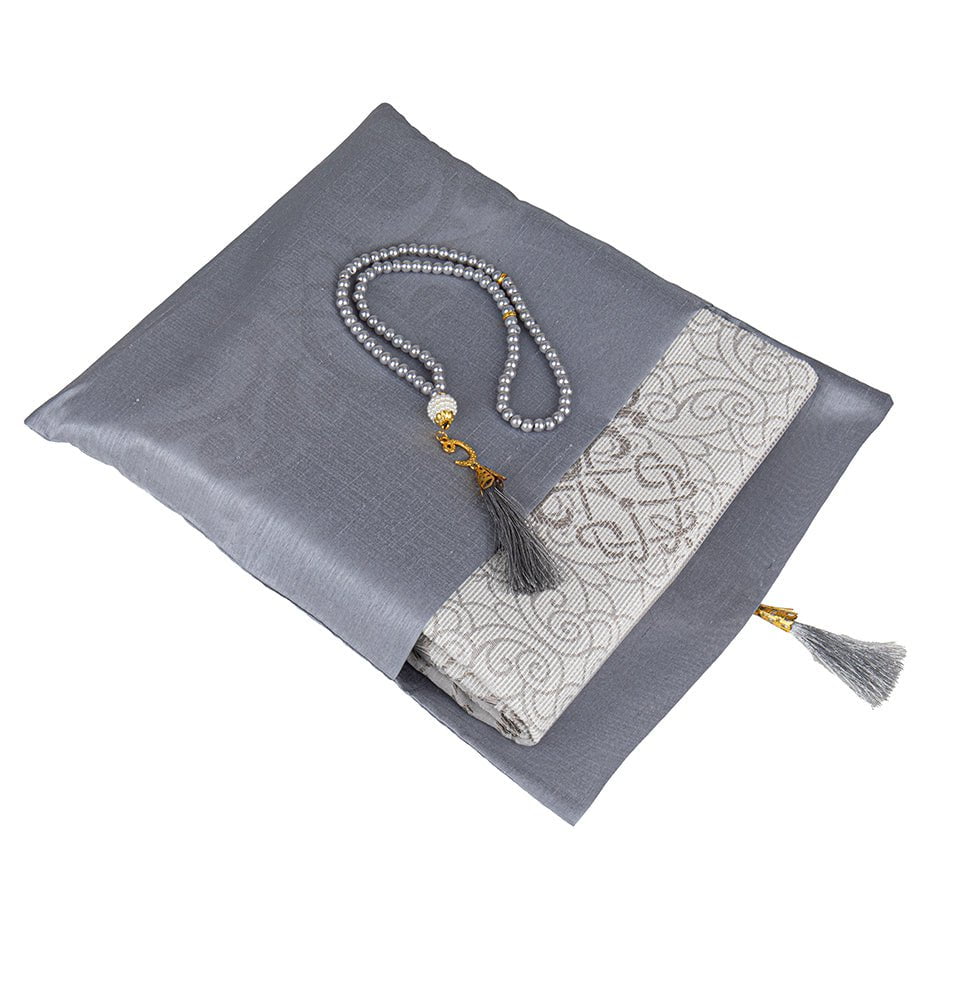 Modefa Prayer Rug Gray Islamic Gift Set - Prayer Mat & Tesbih in Taffeta Gift Bag - Gray