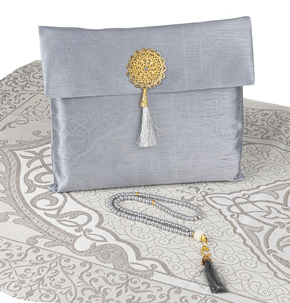 Modefa Prayer Rug Gray Islamic Gift Set - Prayer Mat & Tesbih in Taffeta Gift Bag - Gray