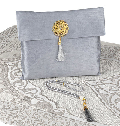 Modefa Prayer Rug Gray Islamic Gift Set - Prayer Mat & Tesbih in Taffeta Gift Bag - Gray