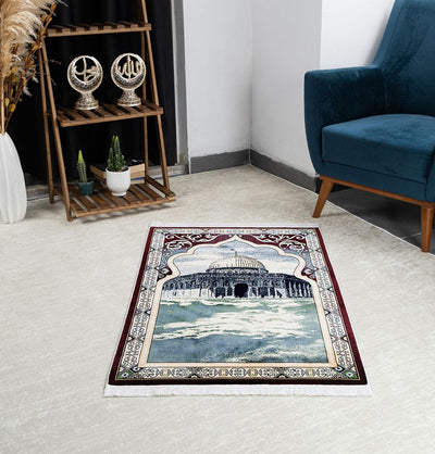 Modefa Prayer Rug Green Erguvan Luxury Kilim Velvet Carpet Islamic Prayer Rug - Aqsa Green
