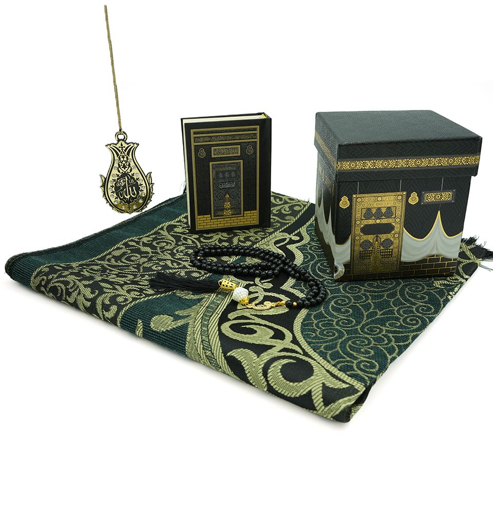 Modefa Prayer Rug Green Islamic Ottoman Chenille Prayer Mat Gift Box Set - With Quran, Prayer Beads, & Car Hanger - Green
