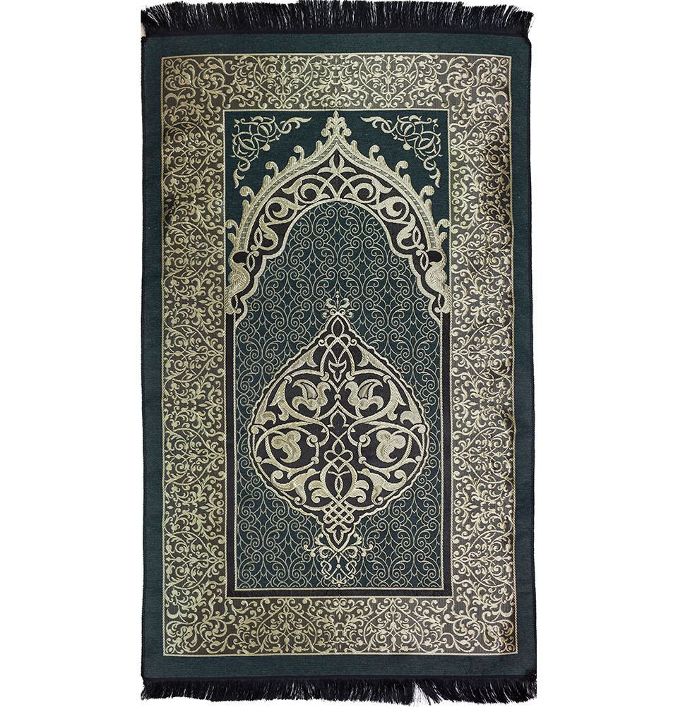 Modefa Prayer Rug Green Islamic Ottoman Chenille Prayer Mat Gift Box Set - With Quran, Prayer Beads, & Car Hanger - Green