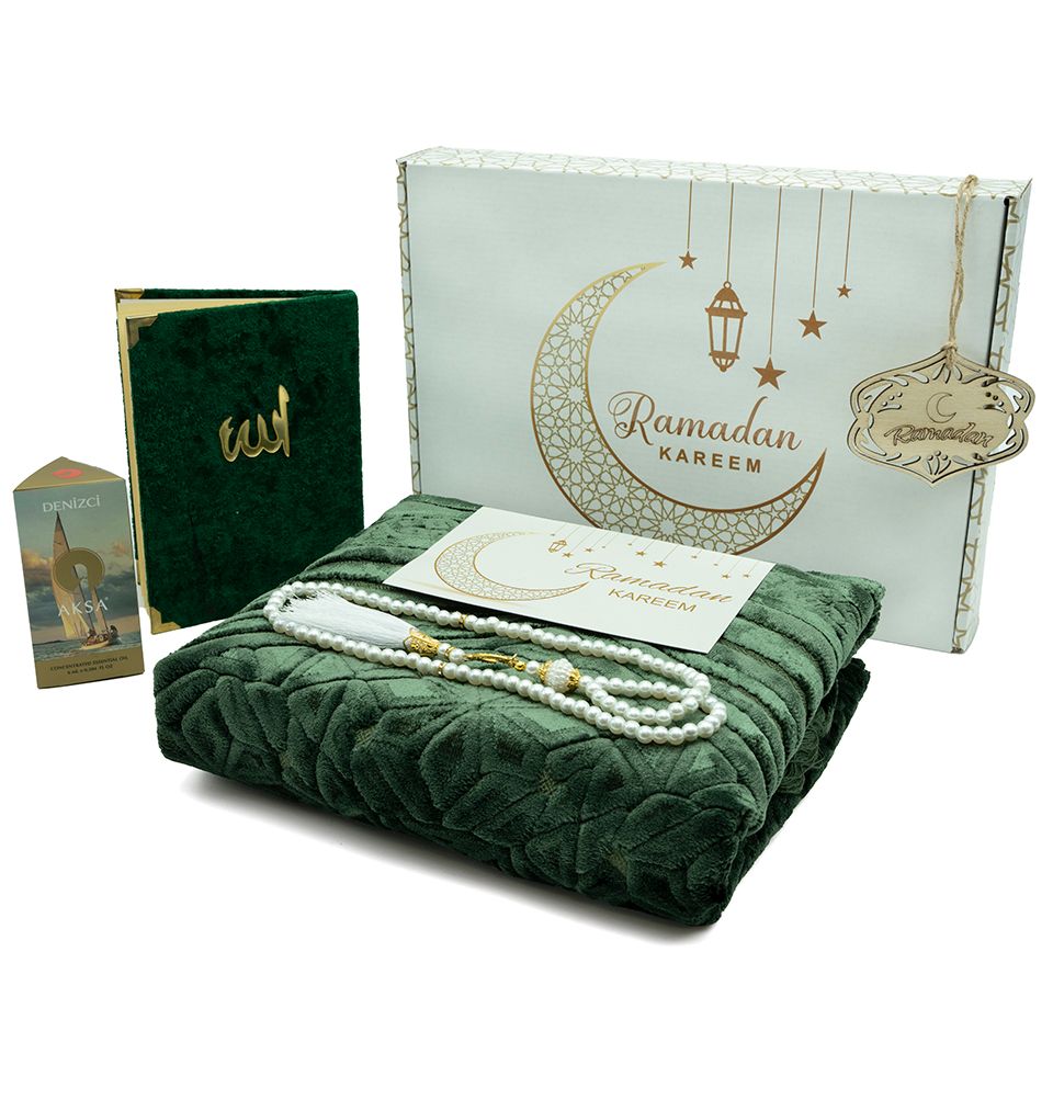 Modefa Prayer Rug Green Luxury Velvet Islamic Prayer Rug 5 Piece Ramadan Gift Set - Green