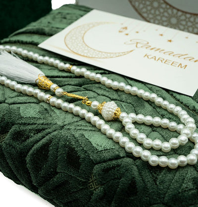 Modefa Prayer Rug Green Luxury Velvet Islamic Prayer Rug 5 Piece Ramadan Gift Set - Green