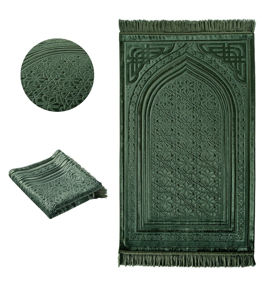 Modefa Prayer Rug Green Luxury Velvet Islamic Prayer Rug 5 Piece Ramadan Gift Set - Green
