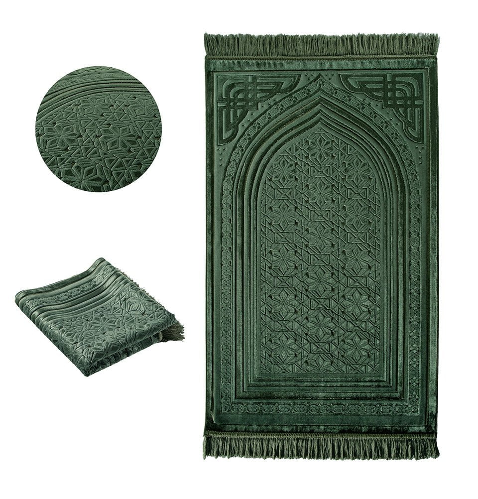 Modefa Prayer Rug Green Luxury Velvet Islamic Prayer Rug 5 Piece Ramadan Gift Set - Green