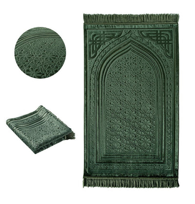 Modefa Prayer Rug Green Luxury Velvet Islamic Prayer Rug 5 Piece Ramadan Gift Set - Green