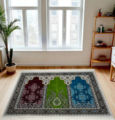 Modefa Prayer Rug Green/Red/Blue Wide 3 Person Prayer Rug | Floral Arch - #17-8