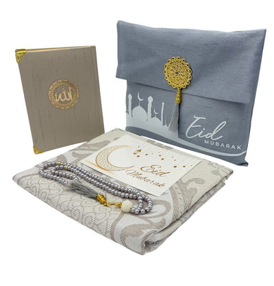 Modefa Prayer Rug Grey Eid Gift Set - Prayer Rug, Dua Book and Prayer Beads in Satin Bag - Grey