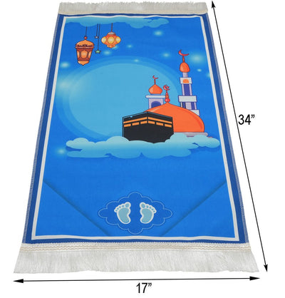 Modefa Prayer Rug Kids Cylinder Gift Box Set with Mosque Prayer Mat & Tasbih - Blue