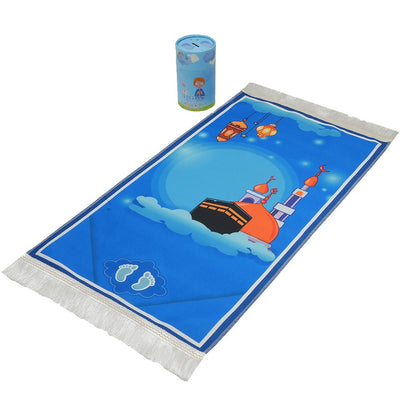 Modefa Prayer Rug Kids Cylinder Gift Box Set with Mosque Prayer Mat & Tasbih - Blue