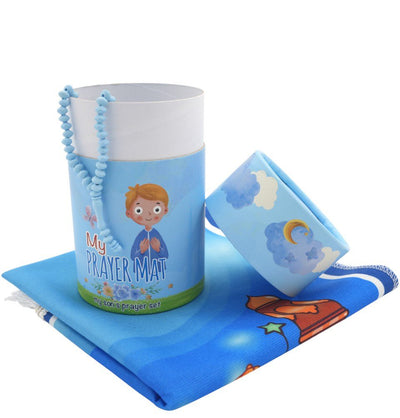 Modefa Prayer Rug Kids Cylinder Gift Box Set with Mosque Prayer Mat & Tasbih - Blue