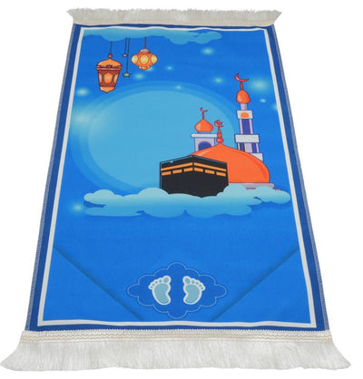 Modefa Prayer Rug Kids Cylinder Gift Box Set with Mosque Prayer Mat & Tasbih - Blue