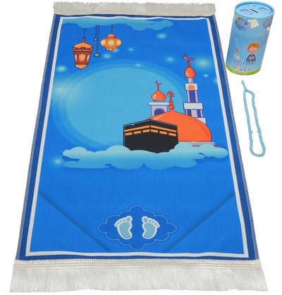 Modefa Prayer Rug Kids Cylinder Gift Box Set with Mosque Prayer Mat & Tasbih - Blue