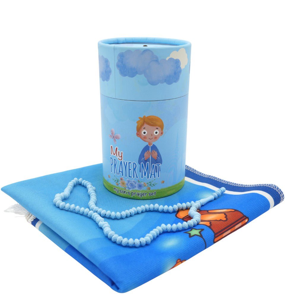 Modefa Prayer Rug Kids Cylinder Gift Box Set with Mosque Prayer Mat & Tasbih - Blue