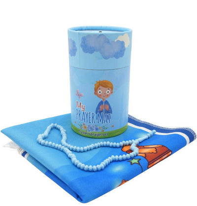 Modefa Prayer Rug Kids Cylinder Gift Box Set with Mosque Prayer Mat & Tasbih - Blue