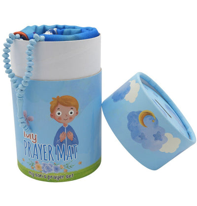 Modefa Prayer Rug Kids Cylinder Gift Box Set with Mosque Prayer Mat & Tasbih - Blue