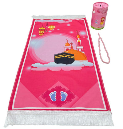 Modefa Prayer Rug Kids Cylinder Gift Box Set with Mosque Prayer Mat & Tasbih - Pink