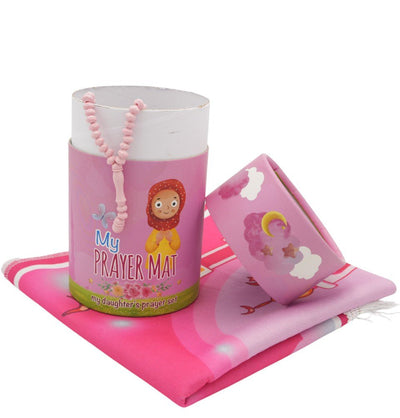Modefa Prayer Rug Kids Cylinder Gift Box Set with Mosque Prayer Mat & Tasbih - Pink