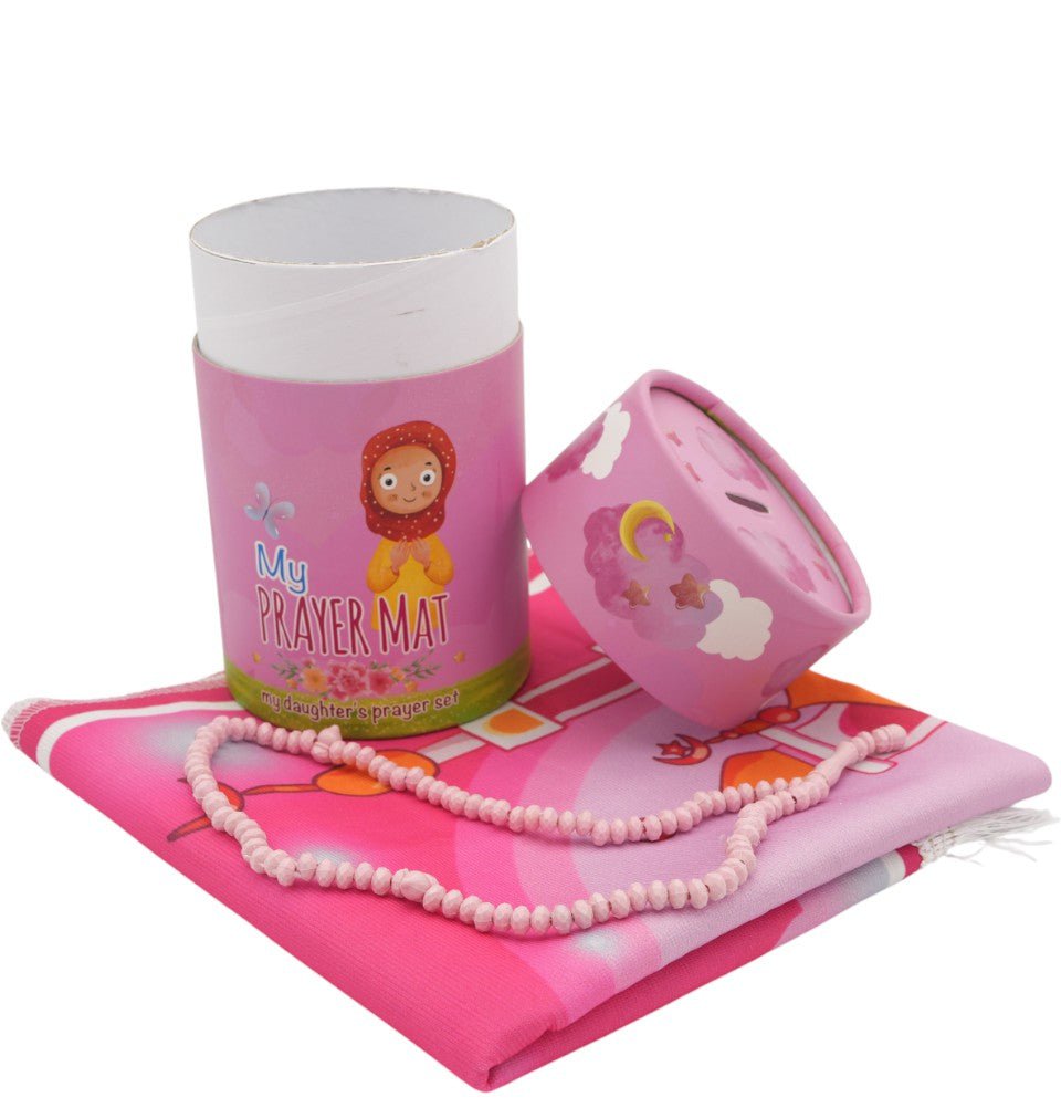 Modefa Prayer Rug Kids Cylinder Gift Box Set with Mosque Prayer Mat & Tasbih - Pink