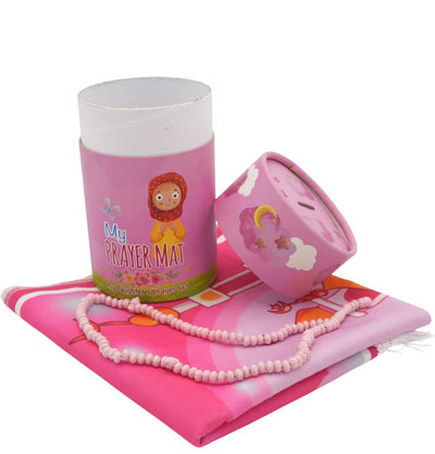 Modefa Prayer Rug Kids Cylinder Gift Box Set with Mosque Prayer Mat & Tasbih - Pink