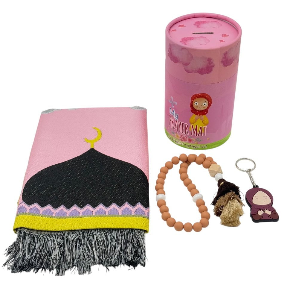 Modefa Prayer Rug Kids Cylinder Gift Box Set with Prayer Mat & Prayer Beads - Pink