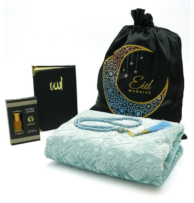 Modefa Prayer Rug Light Blue Luxury Velvet Eid Mubarak Gift Bag Set - 5 Pieces with Prayer Rug - Light Blue